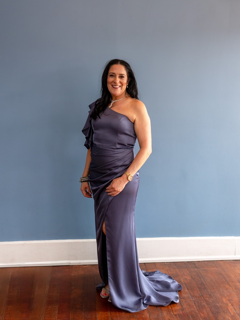 One-Shoulder Ruffle Satin Gown in Slate Purple Mother of Bride/Groom
